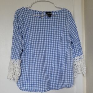 Liz Clairborn Blue Checkered Blouse with White Lace Sz XL